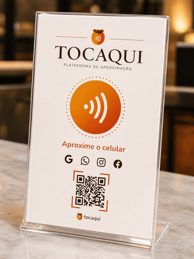 Acrílico Tocaqui com QR Code e sinal NFC na bancada